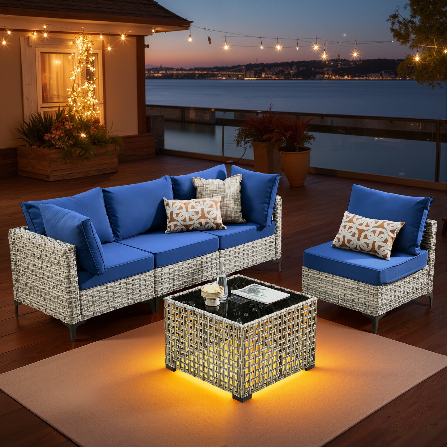 ALTRIGUS 5 -Piece Wicker Patio Sofa Conversation Set with Navy Cushions