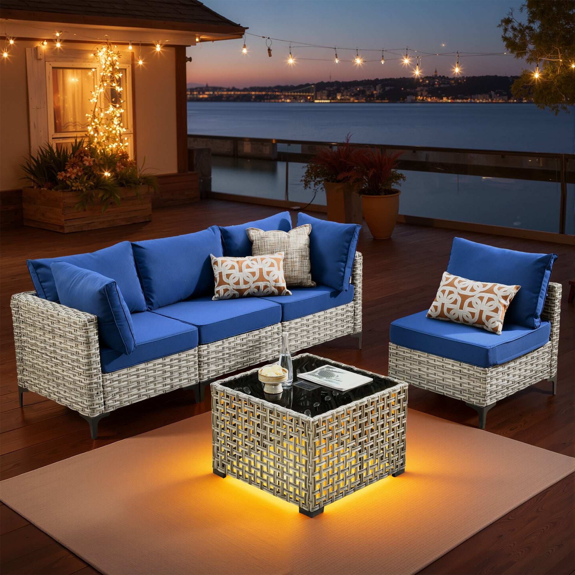 ALTRIGUS 5 -Piece Wicker Patio Sofa Conversation Set with Navy Cushions