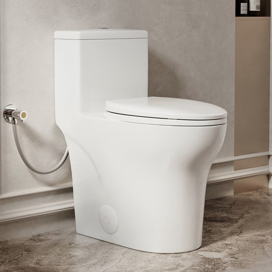 Los Flexi HE19 White Elongated Chair height 12-in Rough-In 1.28 or 1.0 GPF (4.85 LPF or 3.79 LPF) Dual Flush Smart Compatible Soft Close 1-piece Toilet