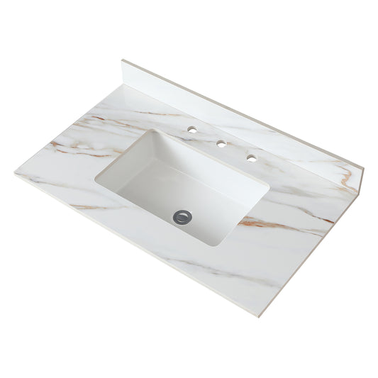 CASAINC 37-in x 22-in White Marble Sintered Stone Undermount Single Sink Widespread Faucet Mount Bathroom Vanity Top