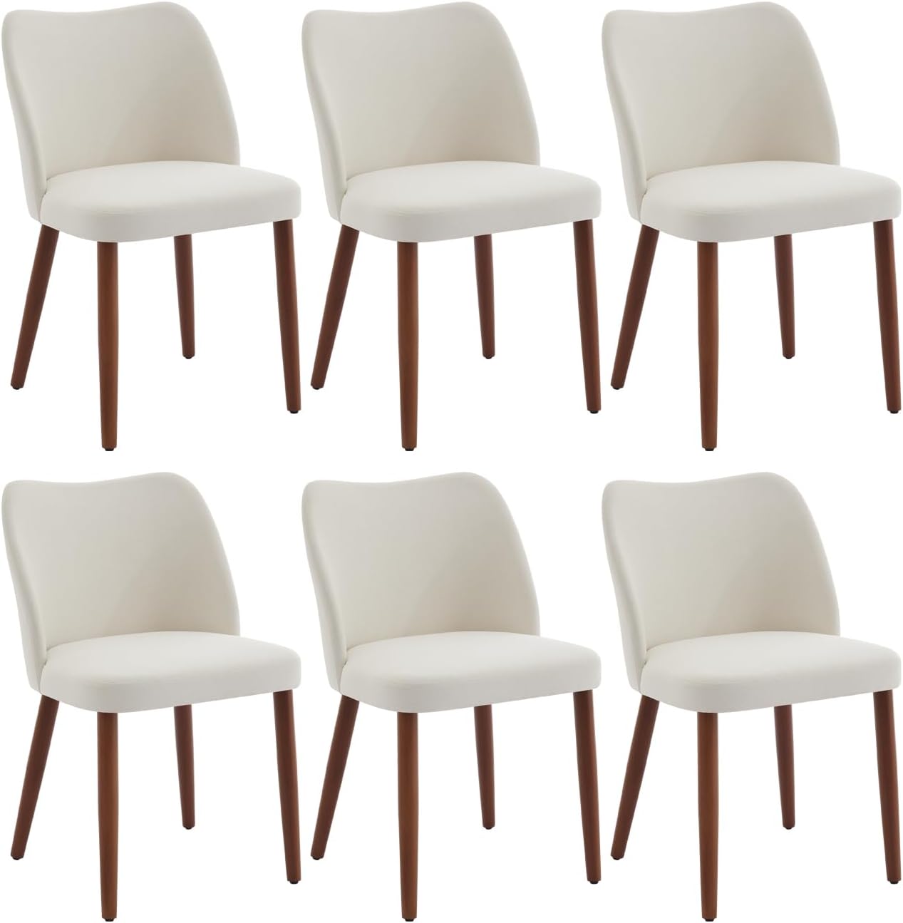 Qeetex Linen Dining Chair Set of 6 Upholstered Fabric Dining Chair with Wood Legs - Wing Backrest - Wooden Kitchen Chairs with Thick Cushions - Leveling Feet for Dining Room - Living Room - White