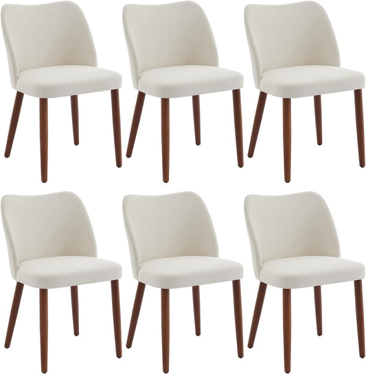 Qeetex Linen Dining Chair Set of 6 Upholstered Fabric Dining Chair with Wood Legs - Wing Backrest - Wooden Kitchen Chairs with Thick Cushions - Leveling Feet for Dining Room - Living Room - White