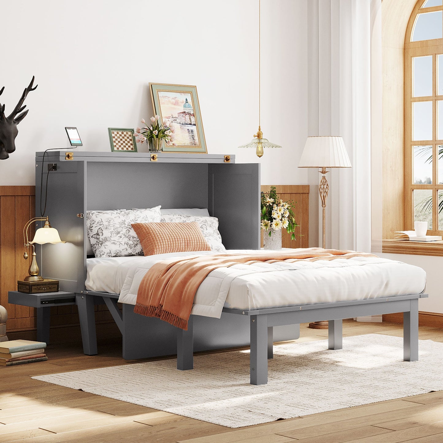 GDFStudio Full Murphy Bed with Solid Pine Frame and USB Port with Removable Shelves