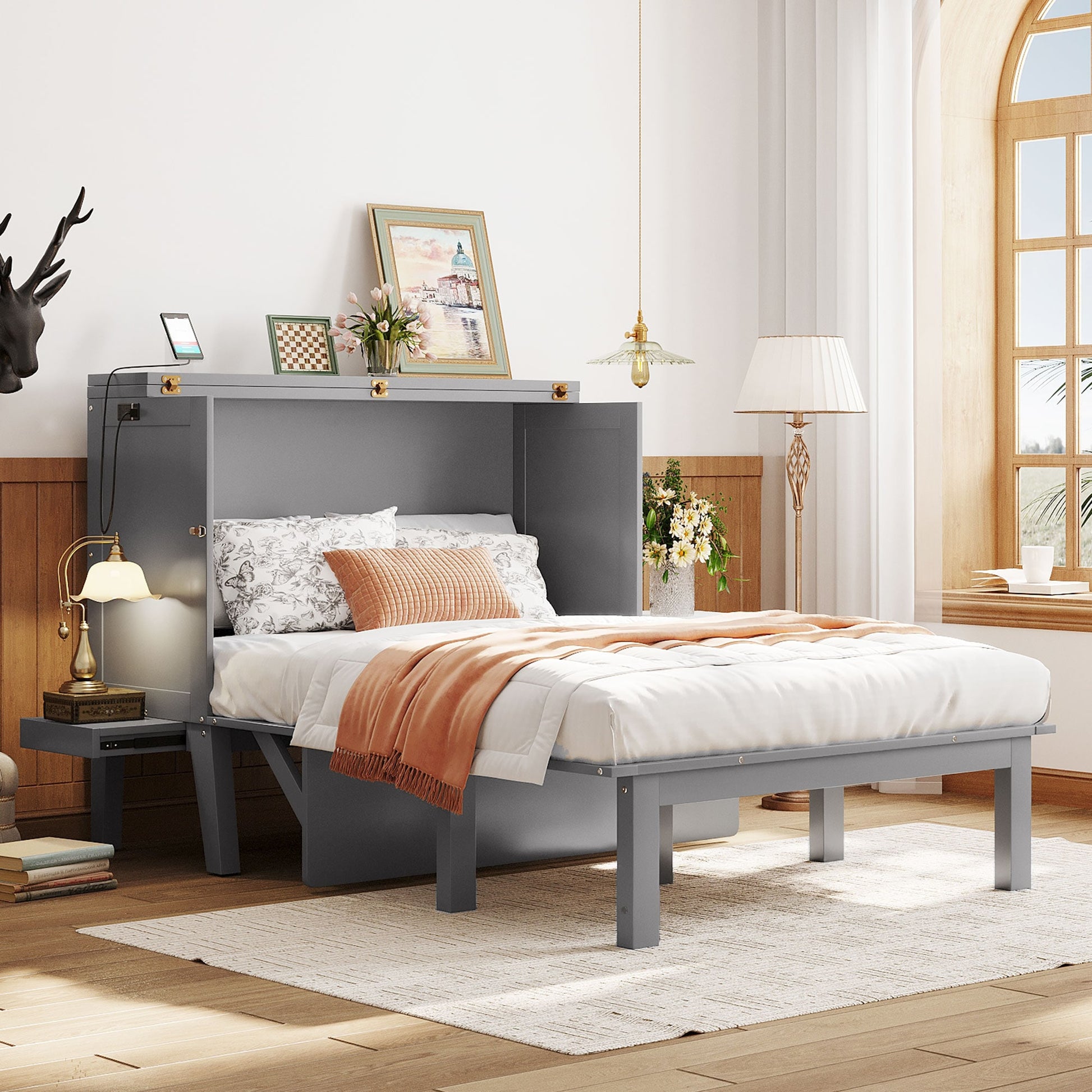 GDFStudio Full Murphy Bed with Solid Pine Frame and USB Port with Removable Shelves