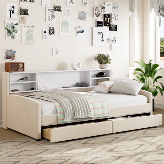 GDFStudio Twin Size Upholstered Platform Bed with Storage and Drawers â€“ Beige
