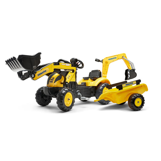 Falk Komatsu Pedal Tractor Ride-On Toy with Front Loader Rear Excavator and Detachable Trailer for Kids Ages 2 and up FA2076N