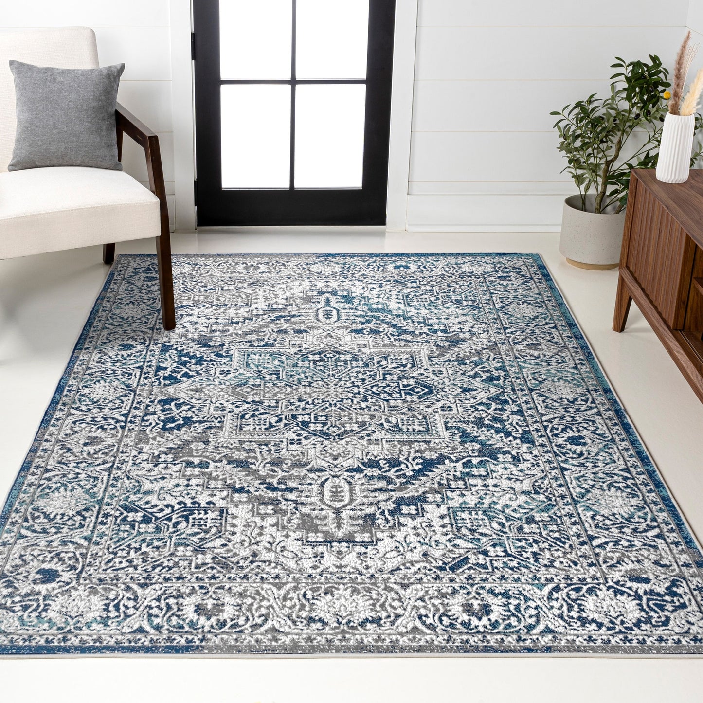 JONATHAN  Y MODERN PERSIAN Vintage 12 x 15 (ft) Loomed Polypropylene Navy/Light Gray Rectangular Indoor Medallion Persian Spot Clean Only Pet Friendly Area rug