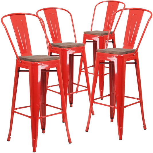 Flash Furniture Lily 4 Pk. 30-in High Red Metal Barstool with Back and Wood Seat