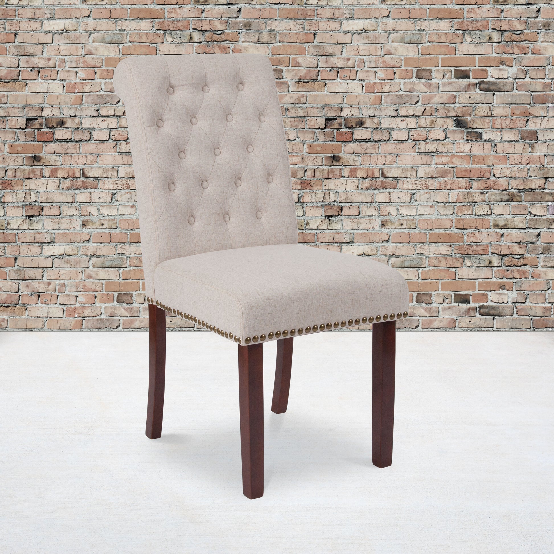 Emma + Oliver 2 Pack Beige Fabric Parsons Chair-Rolled Back; Accent Nail Trim and Walnut Finish