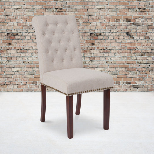 Emma + Oliver 2 Pack Beige Fabric Parsons Chair-Rolled Back; Accent Nail Trim and Walnut Finish
