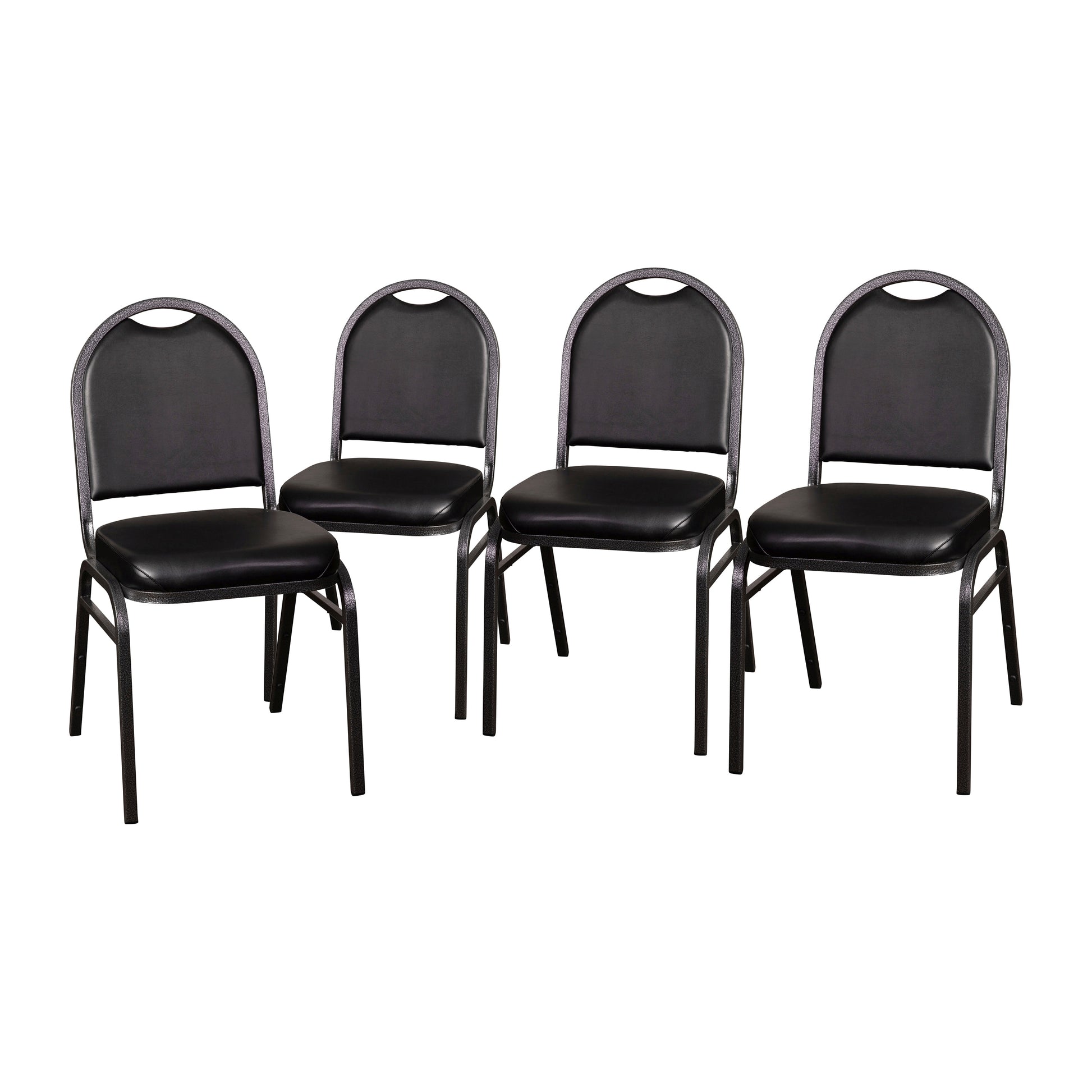 Emma + Oliver Dymoke Set of Four Versatile Dome Back Stacking Banquet Chair with Black Vinyl Seat and Back and Silver Vein Frame