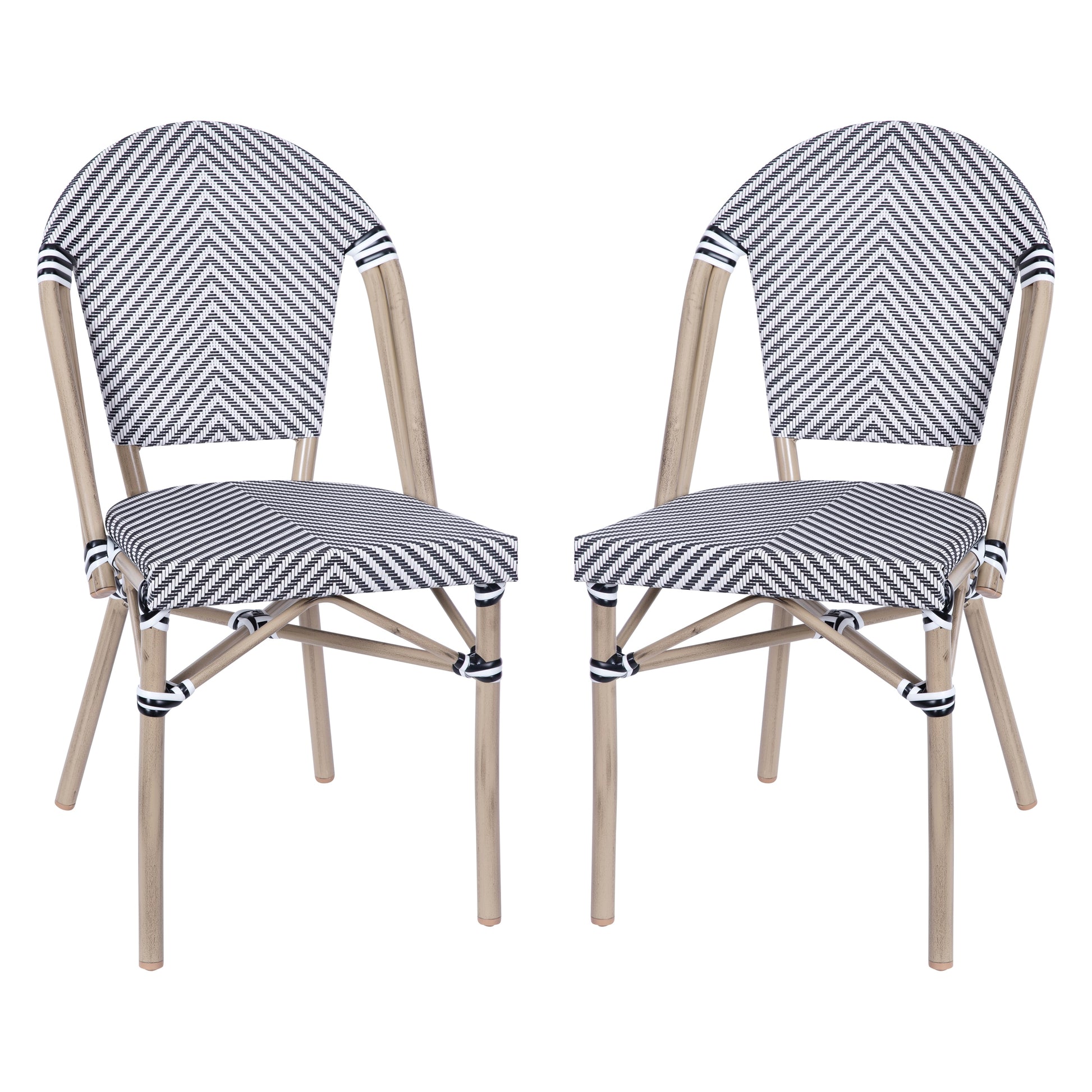 Flash Furniture Marseille Set of 2 Indoor/Outdoor Commercial Bistro Stacking Chair; Black Textilene Back and Seat; Bamboo Print Aluminum Frame in Light Natural