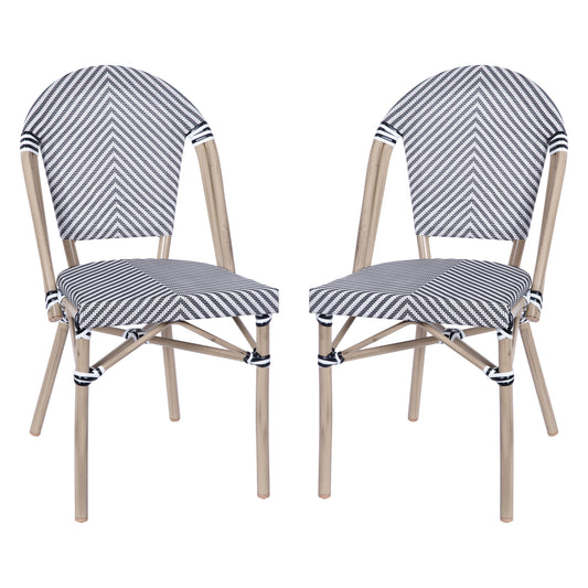Flash Furniture Marseille Set of 2 Indoor/Outdoor Commercial Bistro Stacking Chair; Black Textilene Back and Seat; Bamboo Print Aluminum Frame in Light Natural