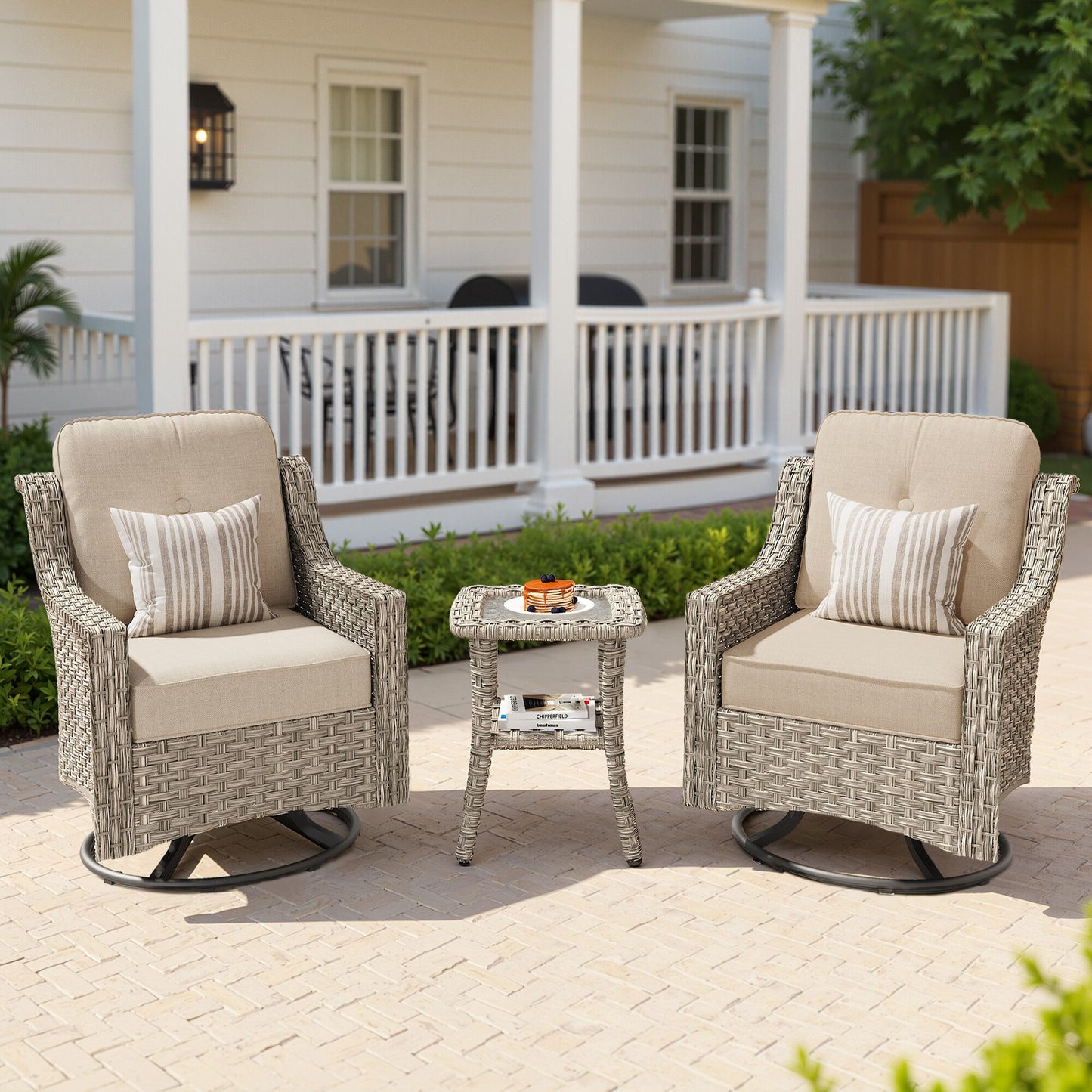 Pouuin 3 -Piece Rattan Patio Conversation Set with Off-white Cushions