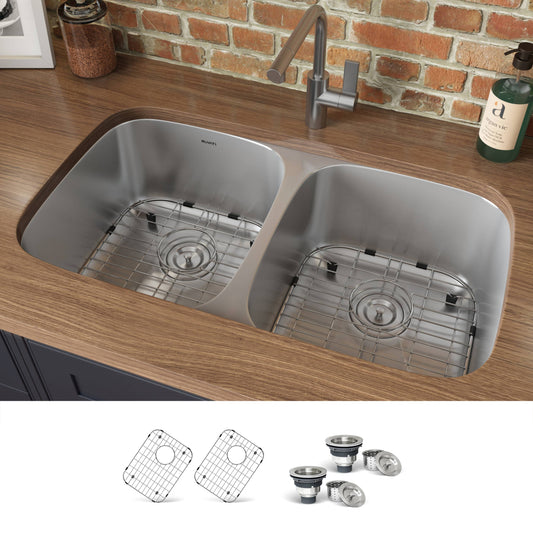 Ruvati Parmi Undermount 32.25-in x 18.5-in Stainless steel Double equal bowl 16 -Gauge Kitchen Sink