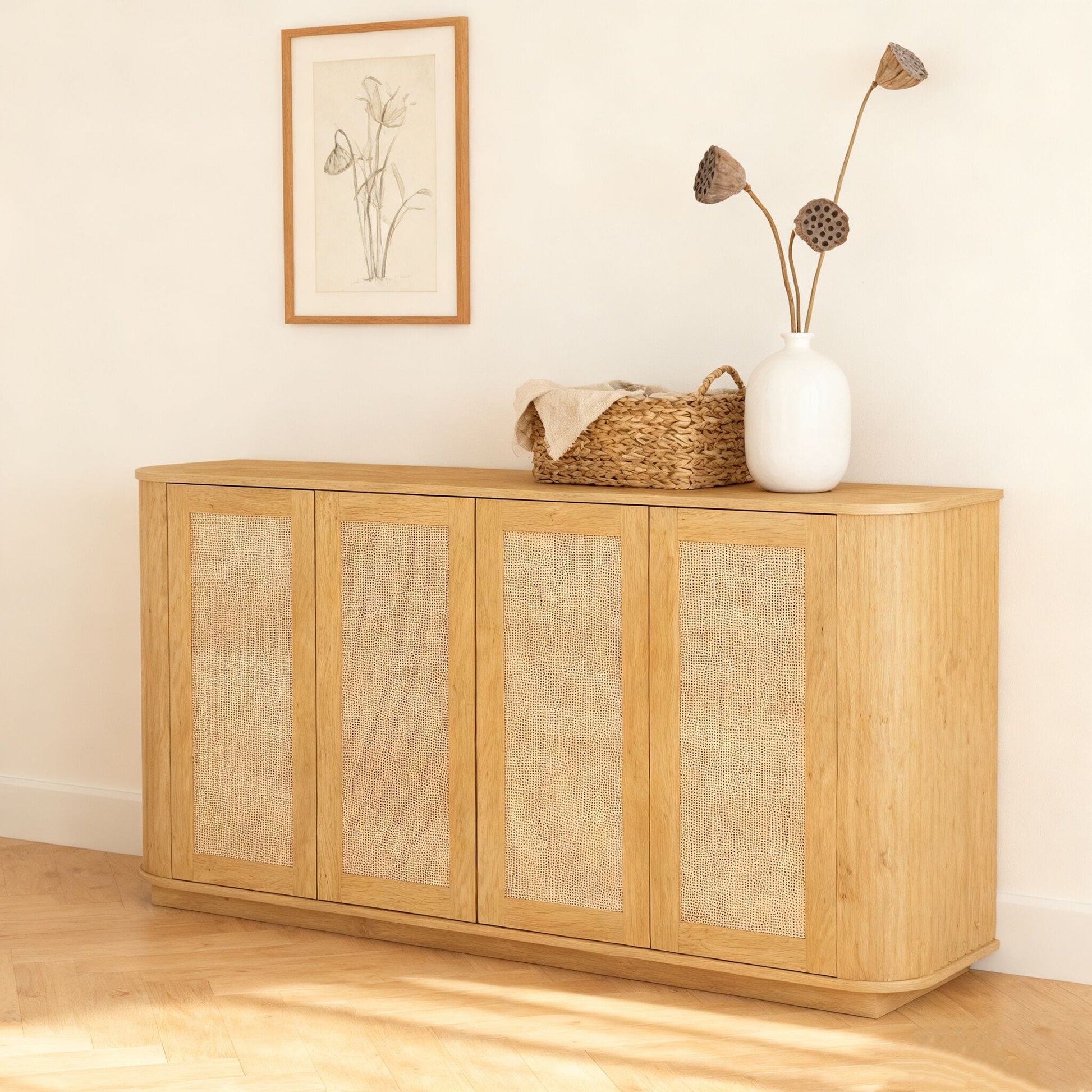 Homy Casa Rattan Door Storage Cabinet Natural Wood Frame Boho Accent Organizer for Entryway or Living Room