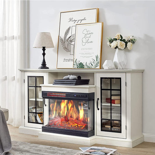 Qeetex 59 Inch TV Stand Electric Fireplace with 24 Inch Mantel White