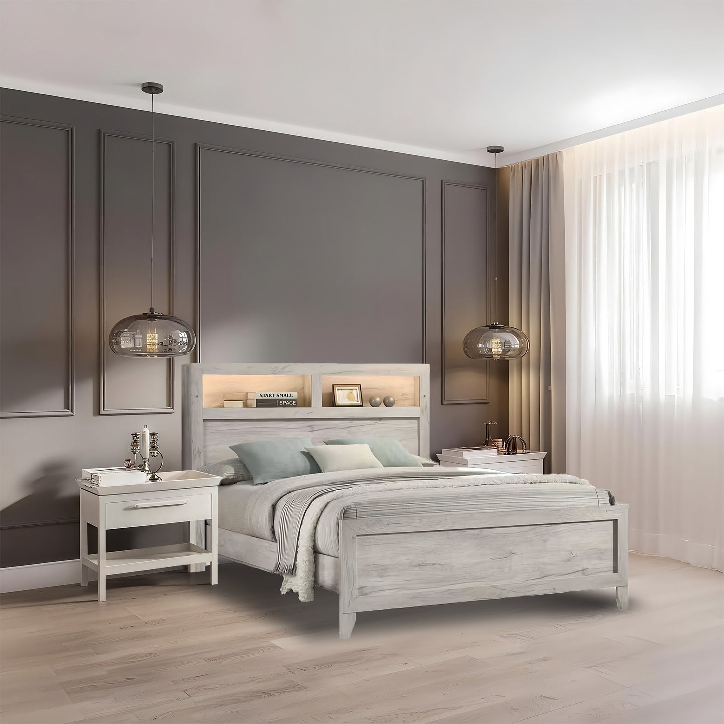 IHOMEadore Queen Beige Wood Panel Bed with Headboard