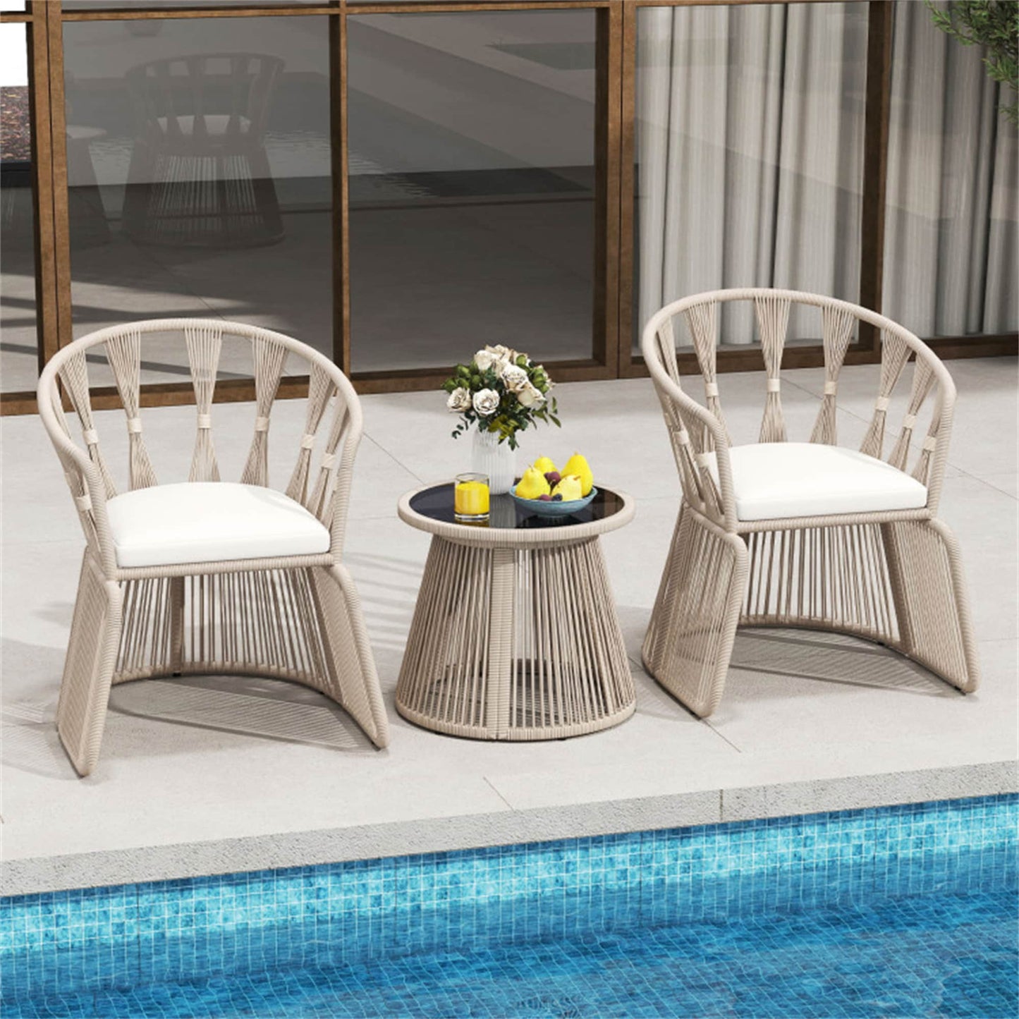 BABOOM Patio Leisure Chair Set 3 -Piece Woven Patio Conversation Set with Off-white Cushions