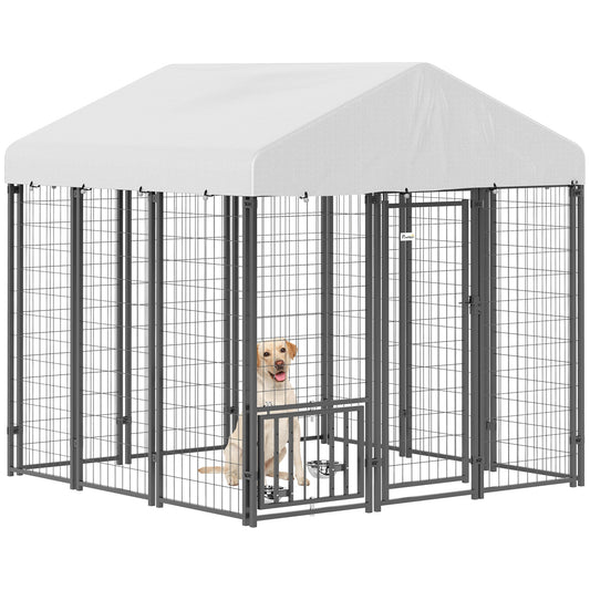 PawHut  Outdoor Dog Kennel 5.9x5.9x6 Welded Wire Rotating Bowlsâ€‹