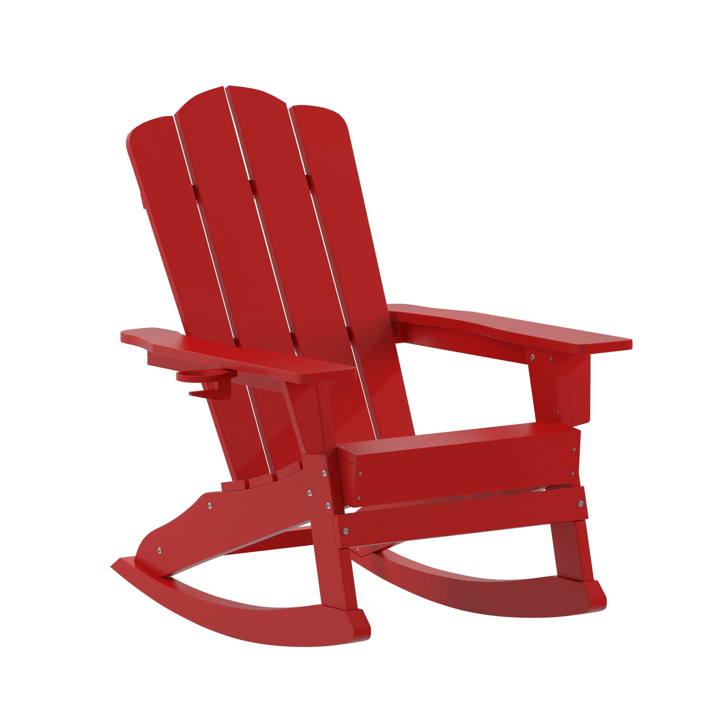 Flash Furniture Newport Adirondack Rocking Chair with Cup Holder; Weather Resistant HDPE Adirondack Rocking Chair in Red