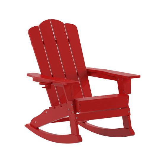 Flash Furniture Newport Adirondack Rocking Chair with Cup Holder; Weather Resistant HDPE Adirondack Rocking Chair in Red