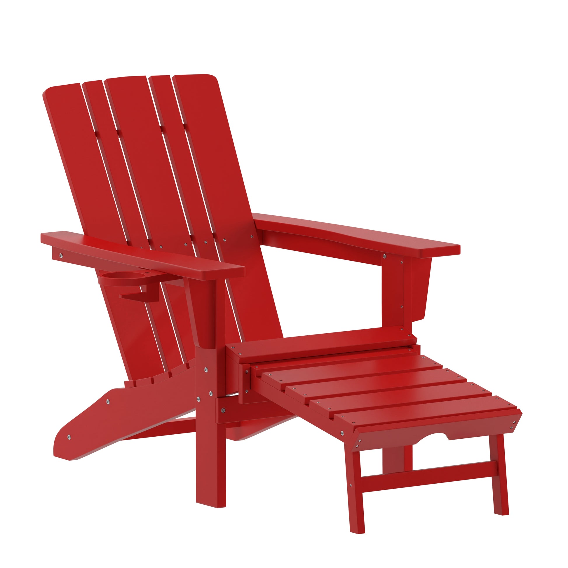 Flash Furniture Halifax HDPE Adirondack Chair with Cup Holder and Pull Out Ottoman; All-Weather HDPE Indoor/Outdoor Lounge Chair in Red