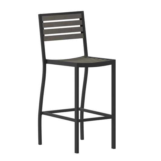 Emma + Oliver Livia All-Weather Armless Bar Height Dining Stool with Gray Wash Polyresin Slats and Aluminum Frame