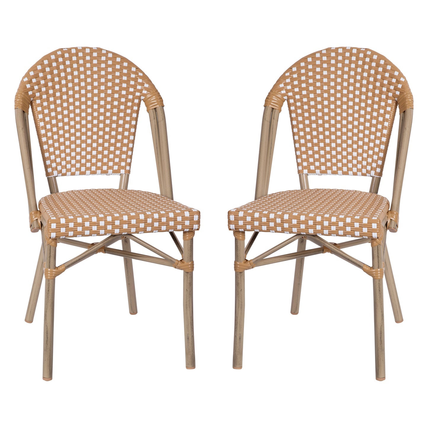 Merrick Lane Celia Set of Two Indoor/Outdoor Stacking Bistro Chairs with White and Natural Patterned Seats and Backs and Light Bamboo Finished Aluminum Frames