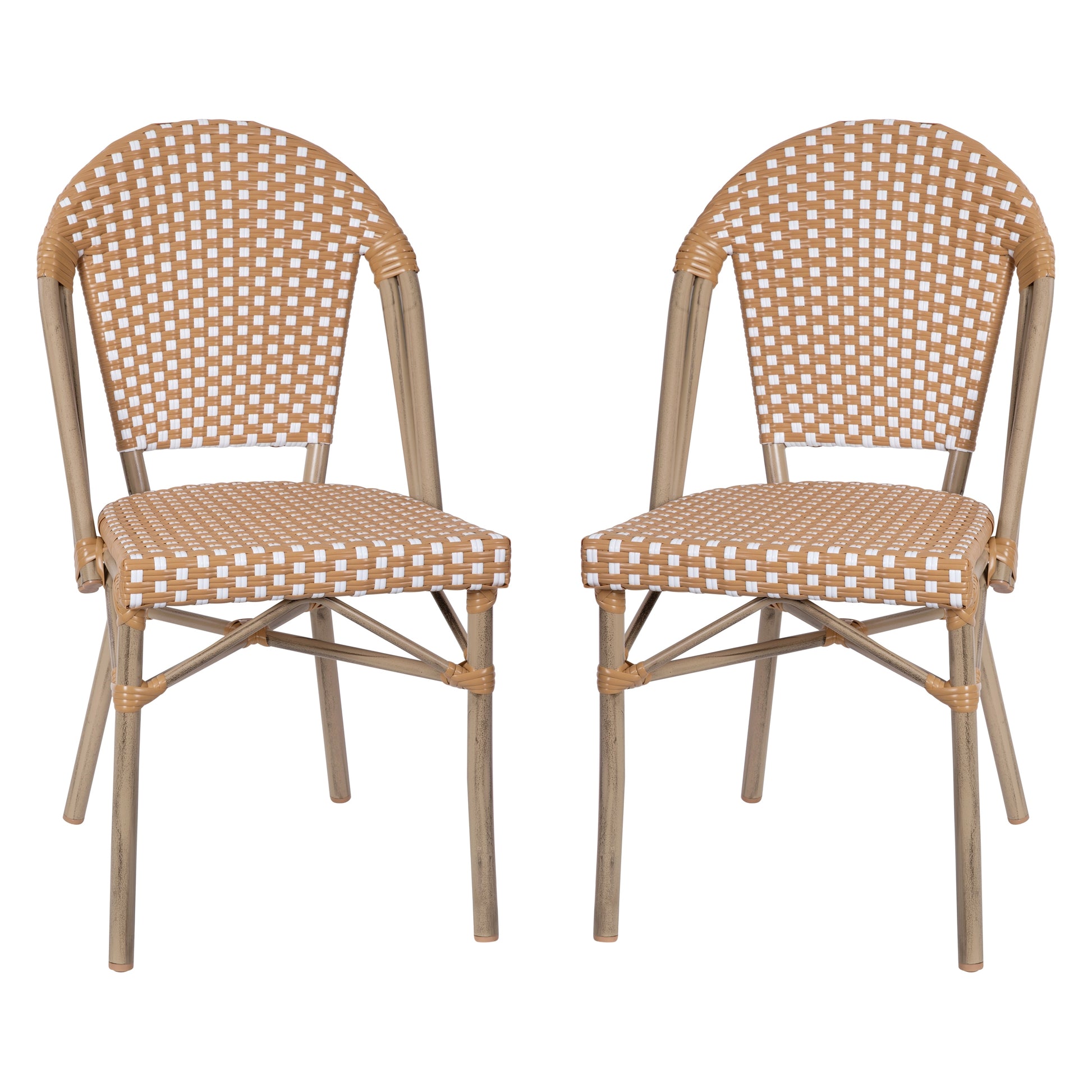 Merrick Lane Celia Set of Two Indoor/Outdoor Stacking Bistro Chairs with White and Natural Patterned Seats and Backs and Light Bamboo Finished Aluminum Frames