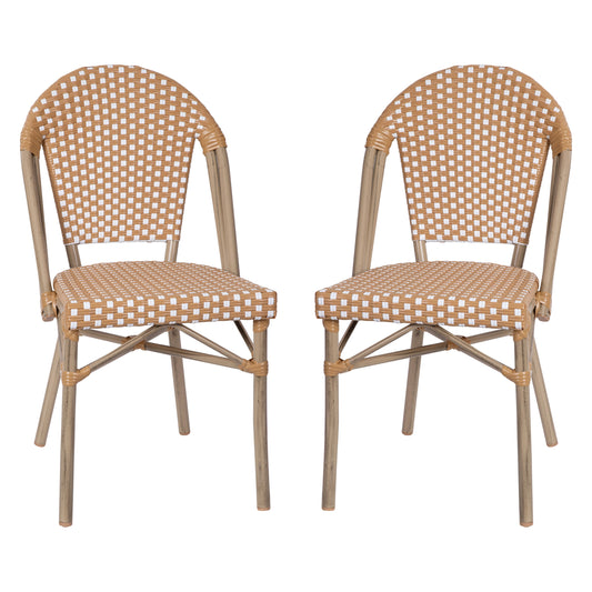 Merrick Lane Celia Set of Two Indoor/Outdoor Stacking Bistro Chairs with White and Natural Patterned Seats and Backs and Light Bamboo Finished Aluminum Frames