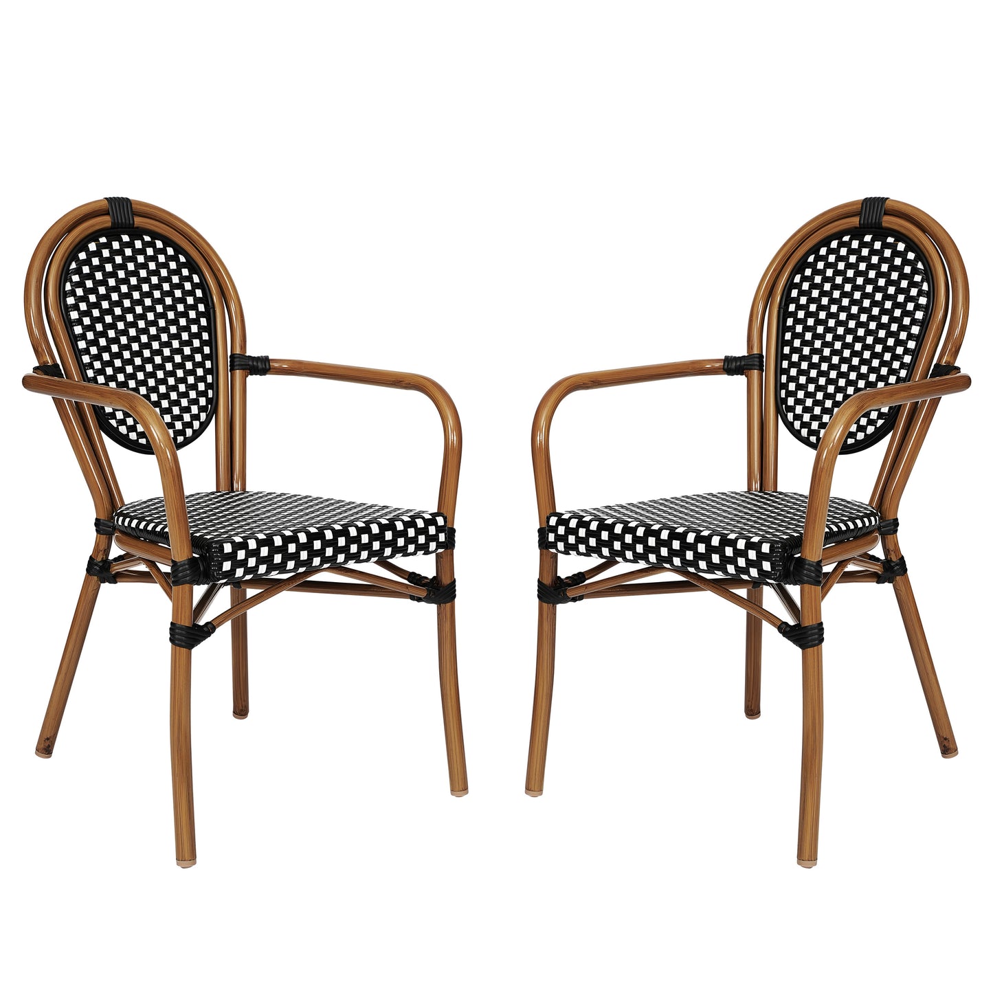 Flash Furniture 2 Pack Lourdes Indoor/Outdoor Commercial Thonet Bistro Stacking Chair with Arms; Black and White PE Rattan and Natural Aluminum Frame
