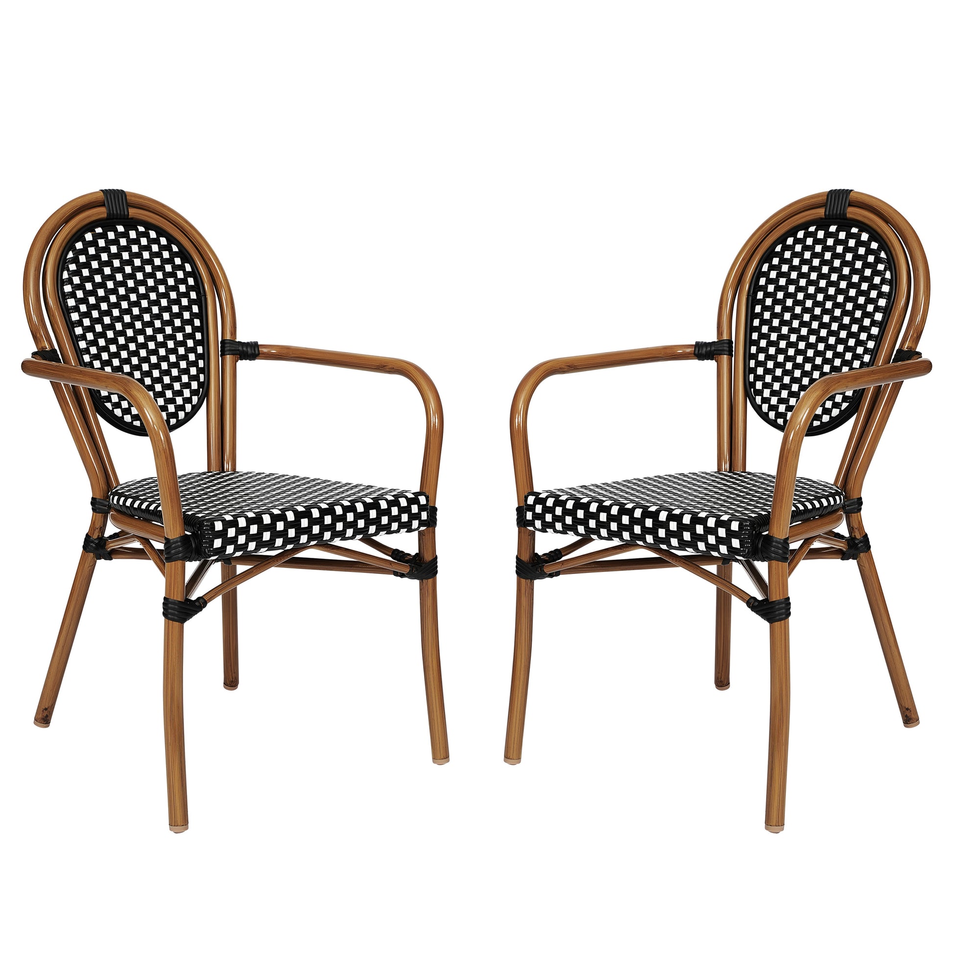 Flash Furniture 2 Pack Lourdes Indoor/Outdoor Commercial Thonet Bistro Stacking Chair with Arms; Black and White PE Rattan and Natural Aluminum Frame