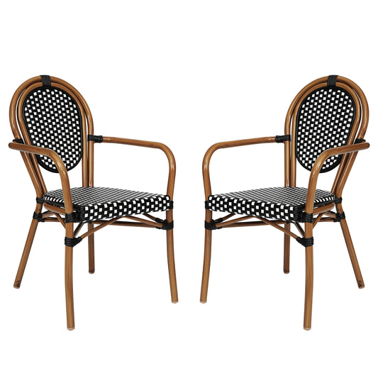 Flash Furniture 2 Pack Lourdes Indoor/Outdoor Commercial Thonet Bistro Stacking Chair with Arms; Black and White PE Rattan and Natural Aluminum Frame
