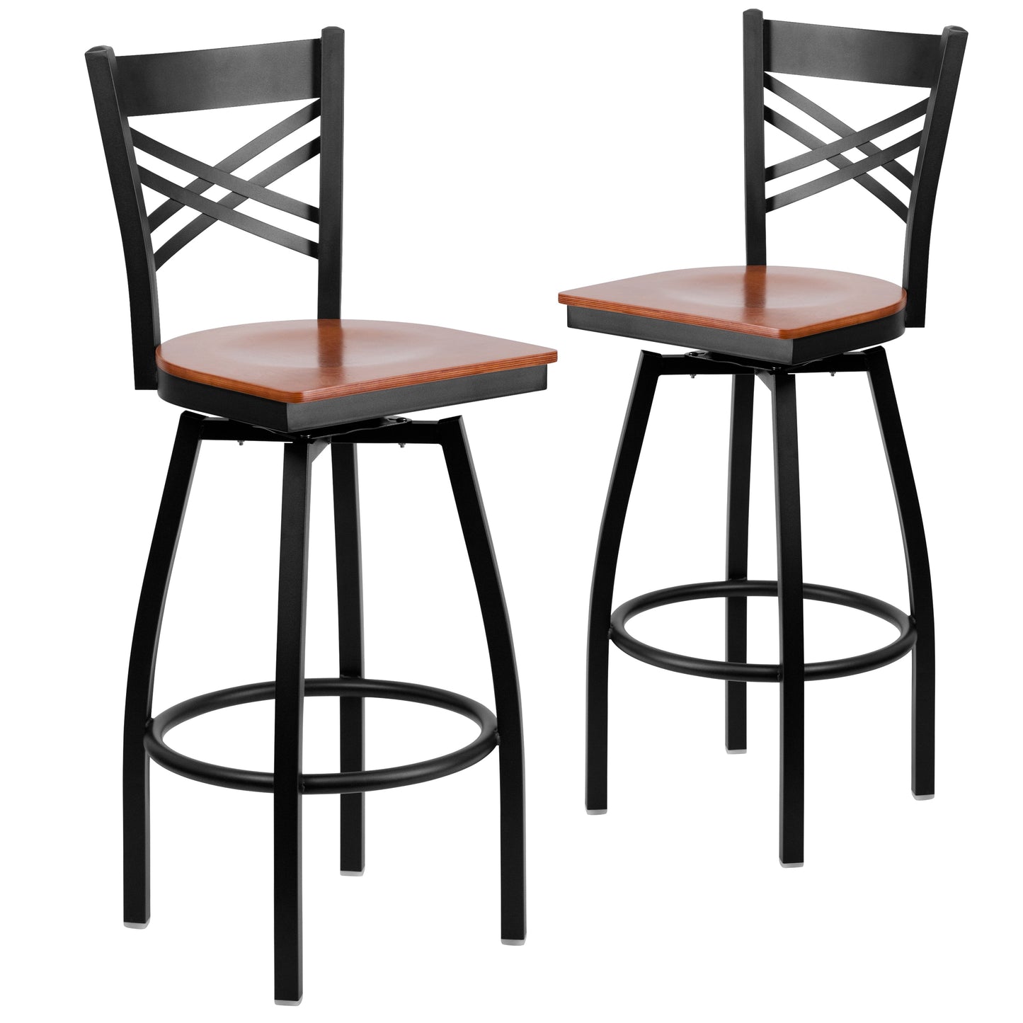 Emma + Oliver 2 Pack Black X Back Swivel Metal Barstool - Cherry Wood Seat