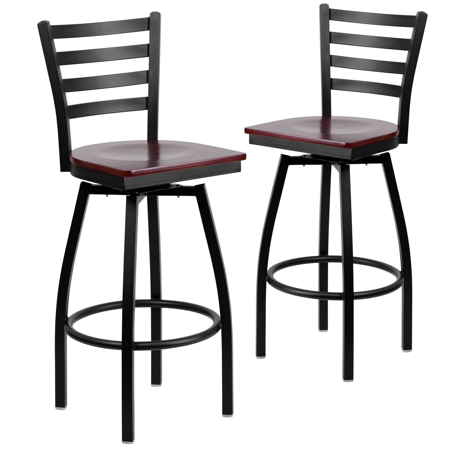 Flash Furniture 2 Pack HERCULES Series Black Ladder Back Swivel Metal Barstool - Mahogany Wood Seat