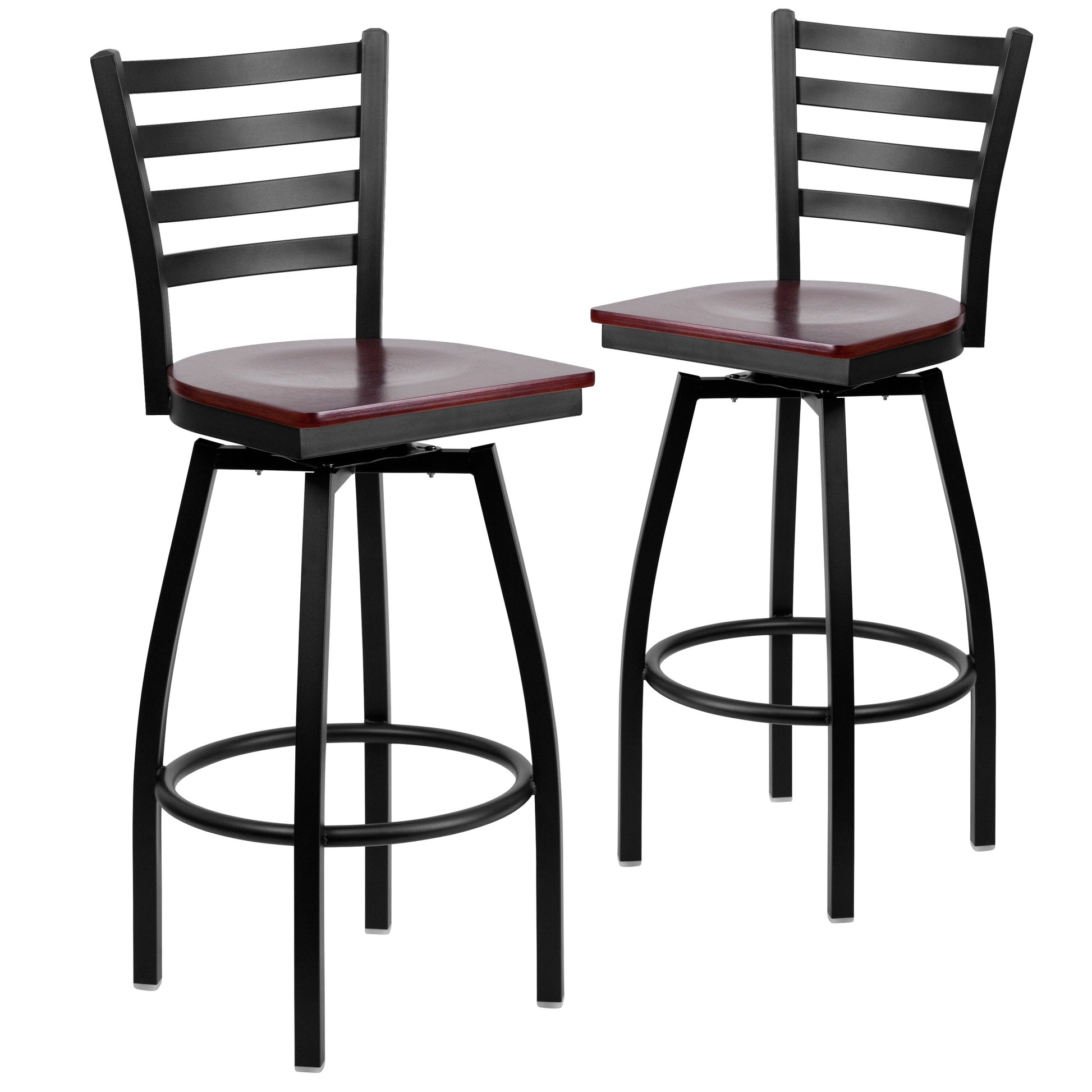 Flash Furniture 2 Pack HERCULES Series Black Ladder Back Swivel Metal Barstool - Mahogany Wood Seat