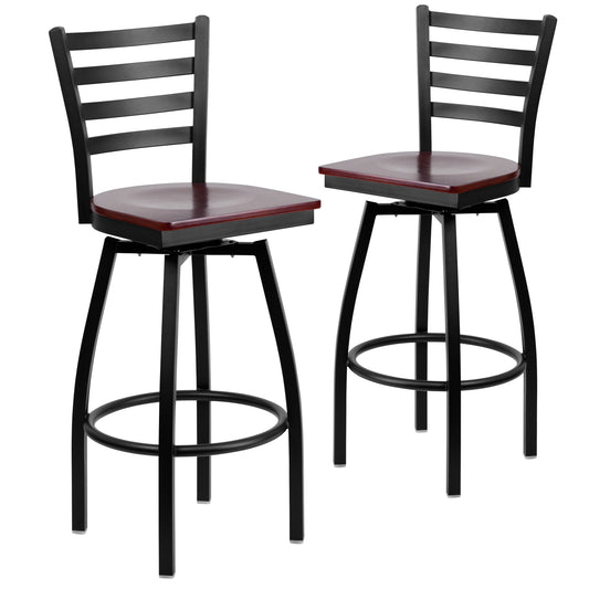 Flash Furniture 2 Pack HERCULES Series Black Ladder Back Swivel Metal Barstool - Mahogany Wood Seat