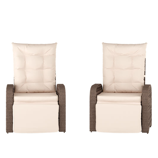 Flash Furniture Nemo Set of 2 Indoor/Outdoor Patio Wicker Rattan Recliner Lounge Chairs with Flip up Side Tables; Beige and Brown