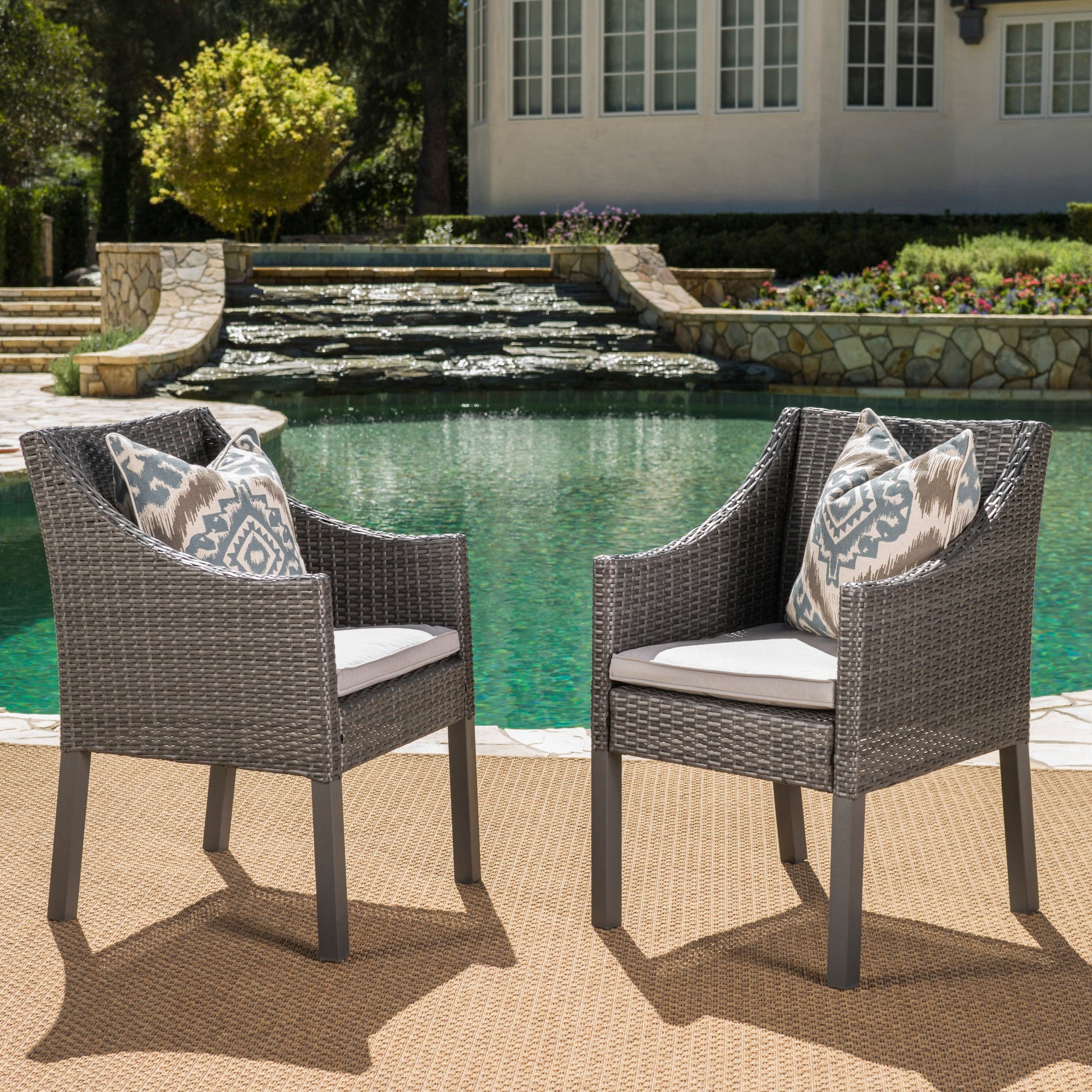 Christopher Knight Home Antibes Outdoor Grey Wicker Dining Chairs with Silver Water Resistant Cushions Set of 2