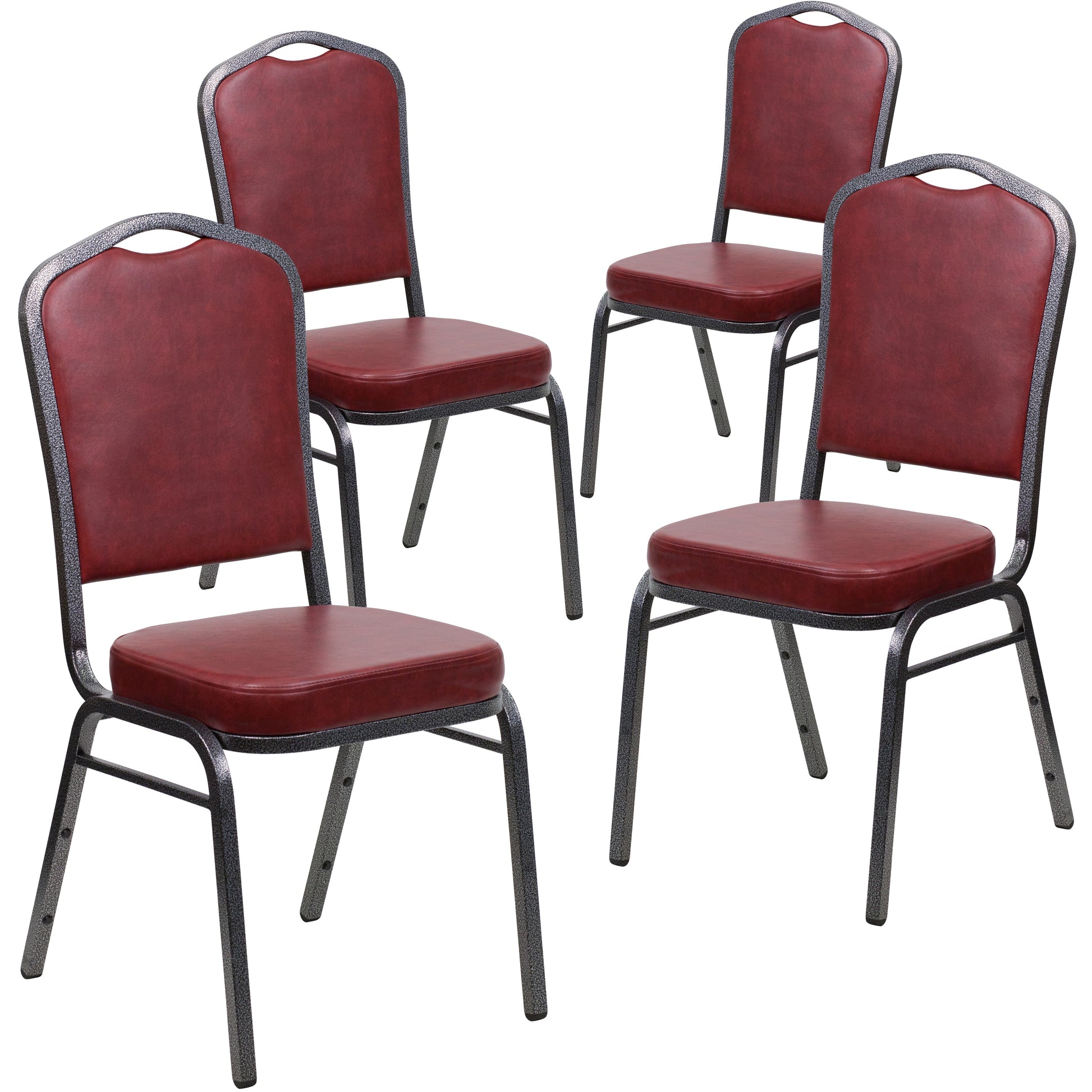 Flash Furniture 4 Pack HERCULES Series Crown Back Stacking Banquet Chair in Burgundy Vinyl - Silver Vein Frame