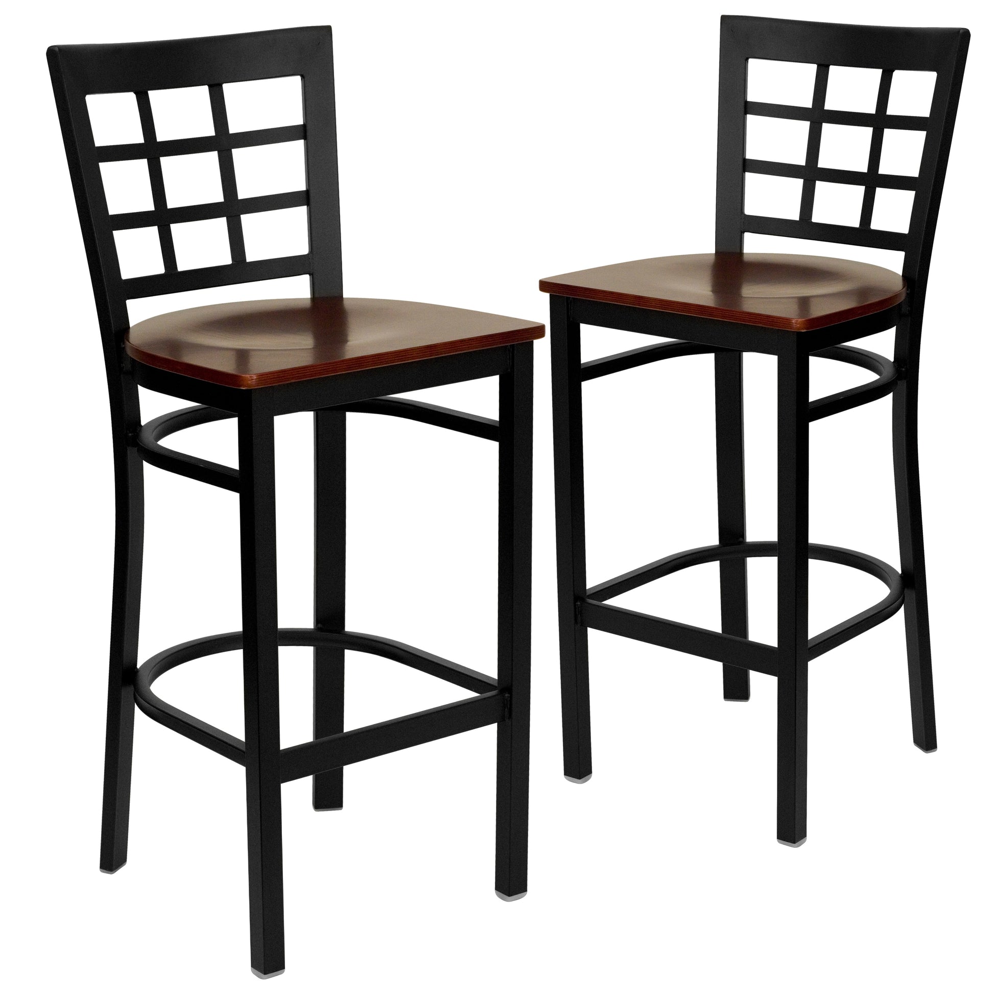 Flash Furniture 2 Pk. HERCULES Series Black Window Back Metal Restaurant Barstool - Mahogany Wood Seat