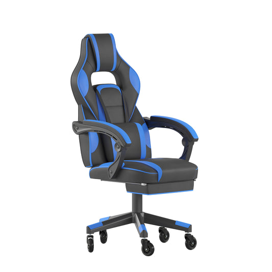 Flash Furniture X40 Gaming Chair Racing Computer Chair with Fully Reclining Back/Arms and Transparent Roller Wheels; Slide-Out Footrest; - Black/Blue