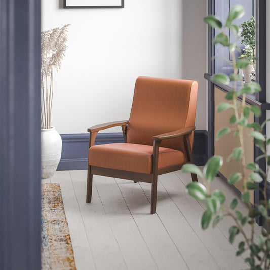 Emma + Oliver Langmore Faux Leather Upholstered Mid-Century Modern Arm Chair with Walnut Finished Wood Frame in Cognac