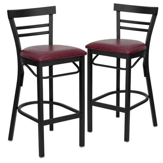 Flash Furniture 2 Pk. HERCULES Series Black Two-Slat Ladder Back Metal Restaurant Barstool - Burgundy Vinyl Seat