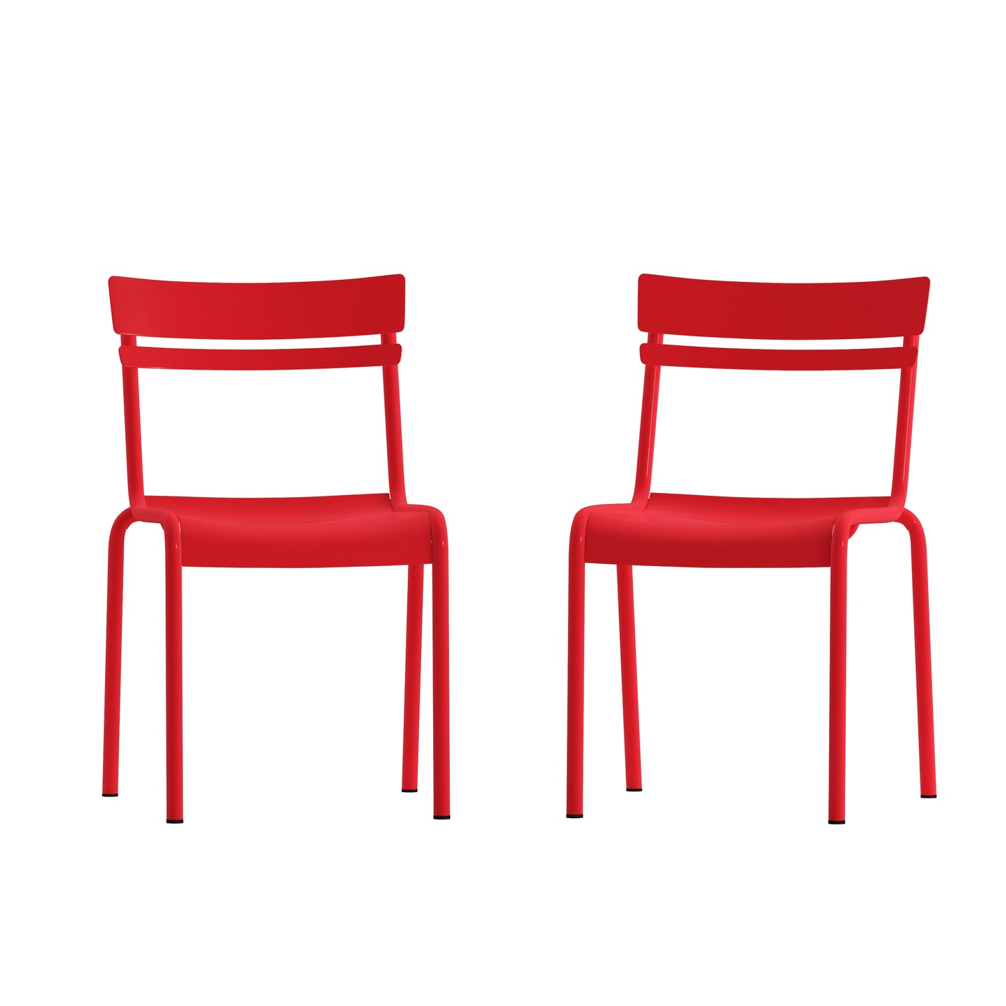 Emma + Oliver Rennes Set of 2 Armless Powder Coated Steel Stacking Dining Chairs with 2 Slat Backs for Indoor-Outdoor Use in Red