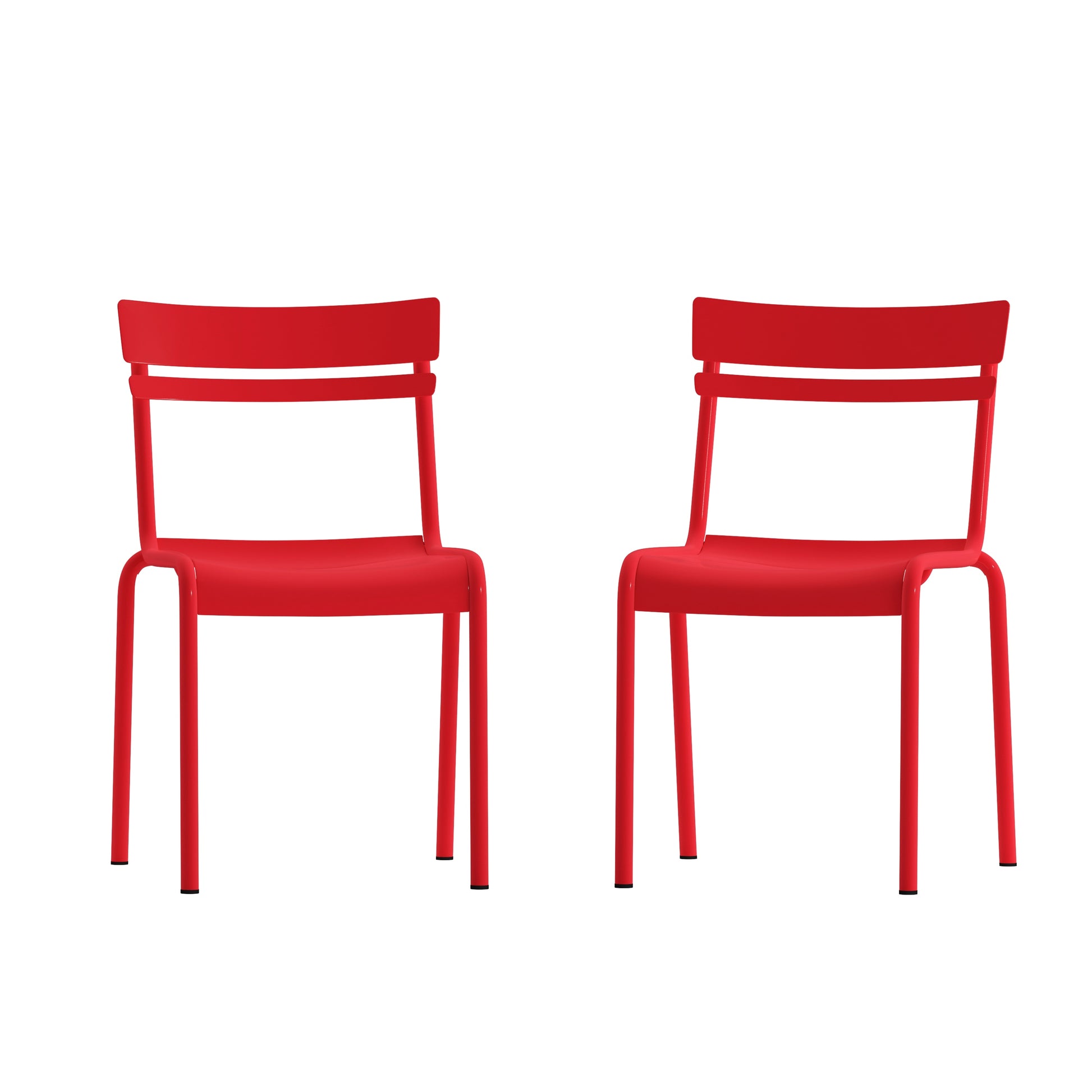 Emma + Oliver Rennes Set of 2 Armless Powder Coated Steel Stacking Dining Chairs with 2 Slat Backs for Indoor-Outdoor Use in Red