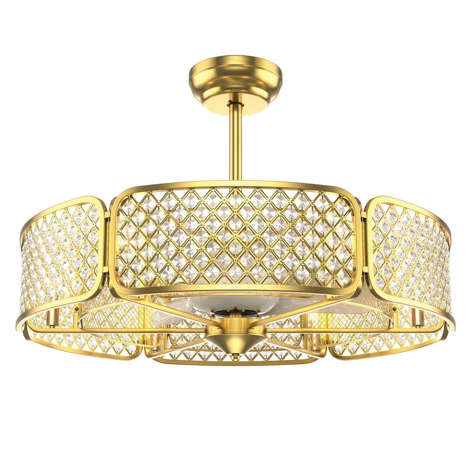 Slickblue 30 Inch Brown/Golden Ceiling Fan with Iron/PP Blades 3-Blade Crystal Lampshade 6 Light Bases Integrated Light Fixture Remote Control Included for Living Room Bedroom