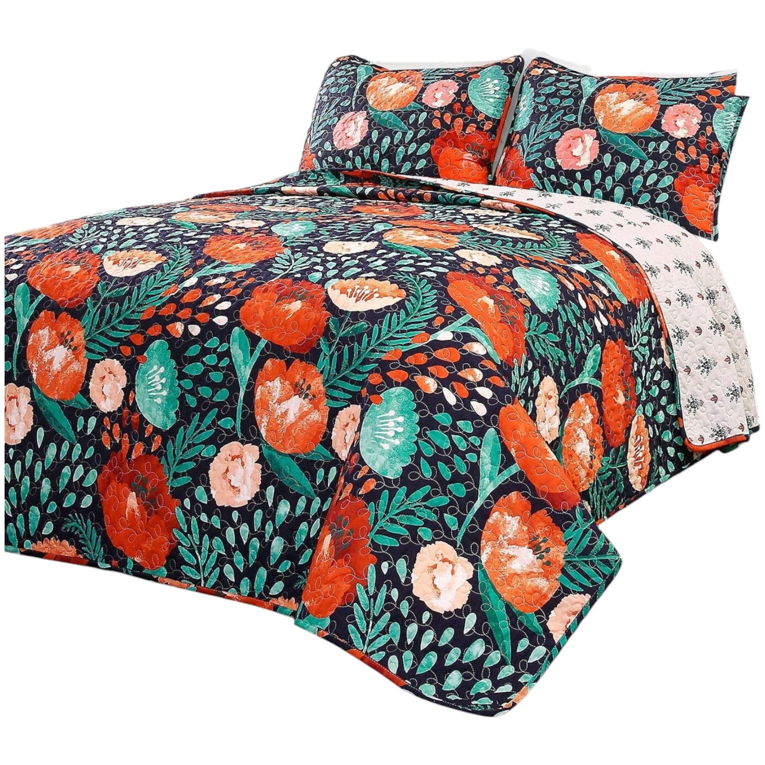 Slickblue 3-Piece- Red Poppy Navy Teal- King - Full/ Queen- Cotton Boho Floral Quilt Set for Master or Guest Bedroom Use