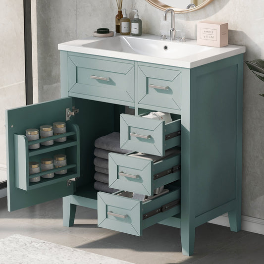 LOVMOR 30Inch Bathroom Vanity with Sink Combo Green Bathroom Cabinet with Drawers Solid Frame and MDF Board Old